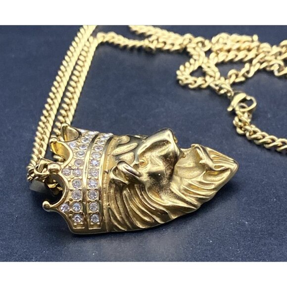 Lion Head Crown Hip Hop Gold Tone 2.25" Pendant Rhinestones 24" Curb Link Chain - Picture 6 of 6
